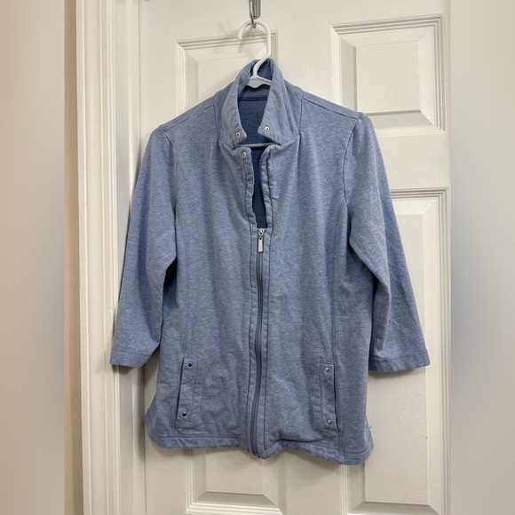 Karen Scott Sports Womens Full Zip Up Jacket 3/4 Sleeve Pockets Blue Size Small